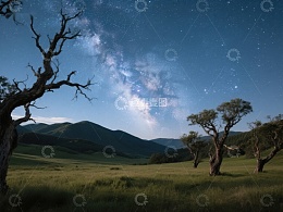 星空下的草原与孤树
