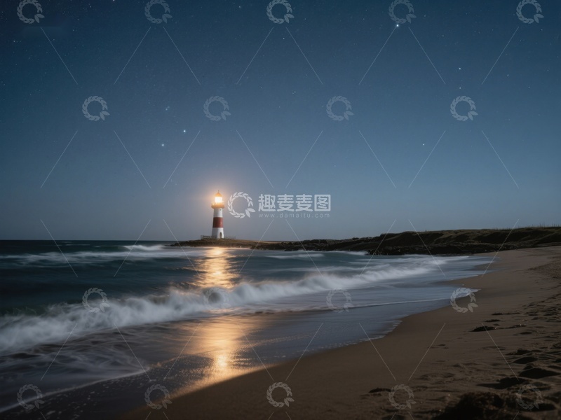 高清大图下载【趣麦麦图】夜幕下的灯塔与海滩