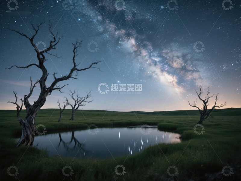 高清大图下载【趣麦麦图】夜空银河下的枯树倒影
