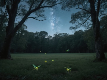 夜空下萤火虫闪烁的森林