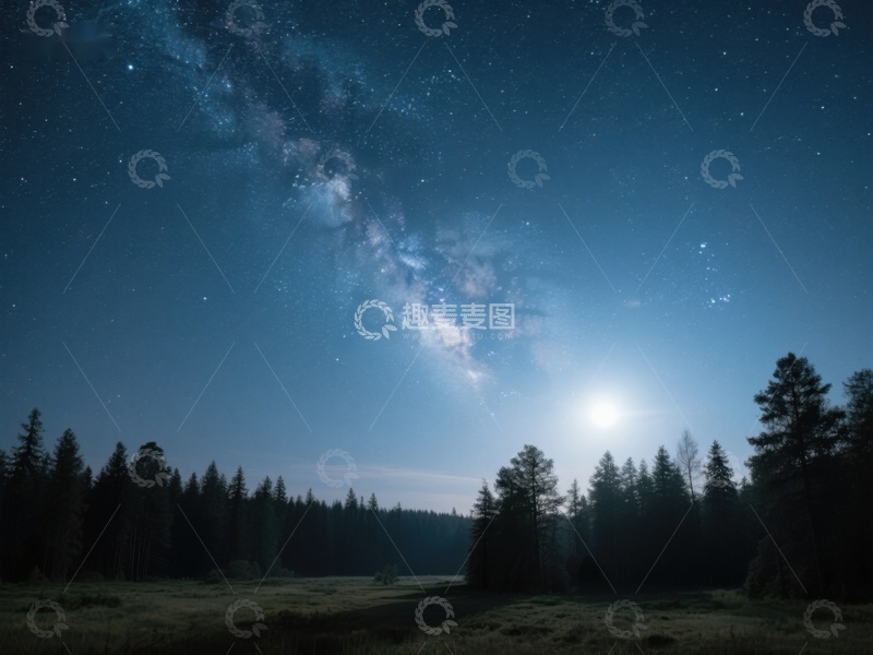 高清大图下载【趣麦麦图】夜空银河与森林剪影