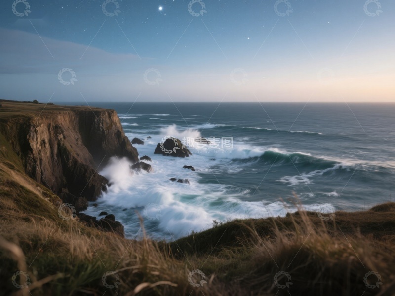 高清大图下载【趣麦麦图】夜幕下的海崖与波涛