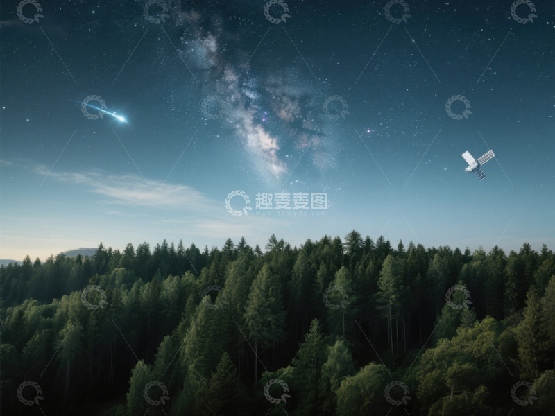 高清大图下载【趣麦麦图】夜空卫星与流星划过森林