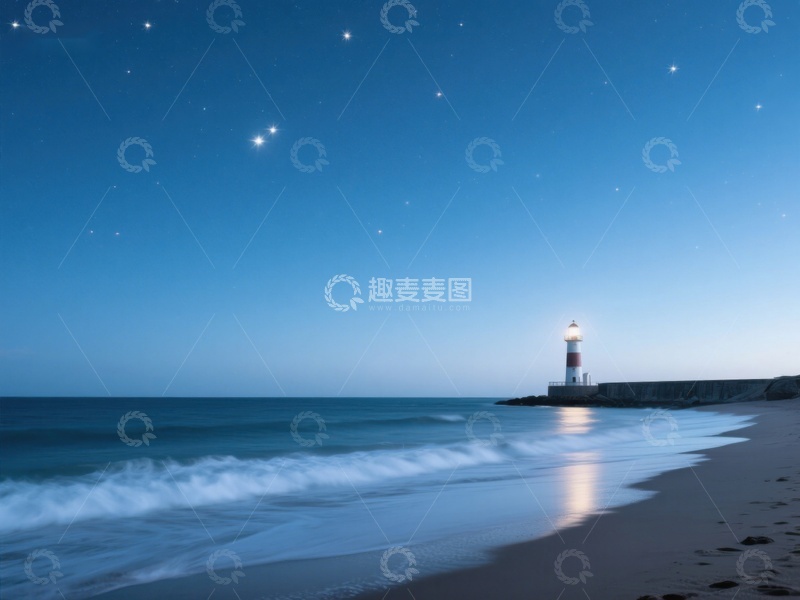 高清大图下载【趣麦麦图】夜幕下的灯塔与海滩