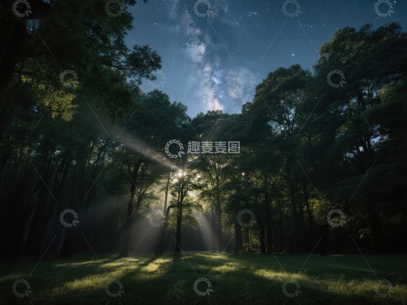 高清大图下载【趣麦麦图】夜空下的森林，星光与树影交织