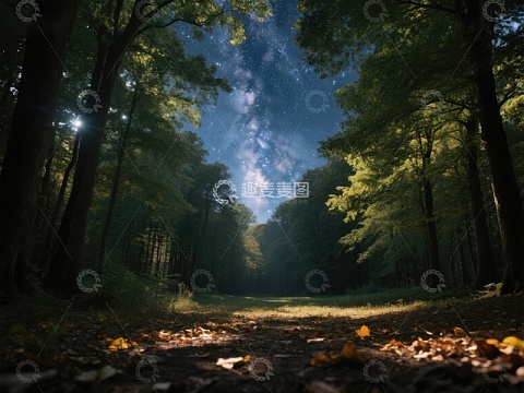 森林小径夜景，星光闪烁