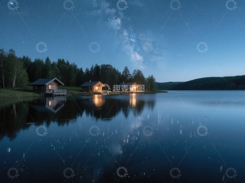 高清大图下载【趣麦麦图】湖畔木屋夜景，星空倒映水面