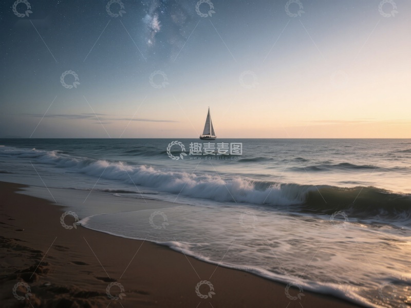 高清大图下载【趣麦麦图】日落时分的海滩与帆船
