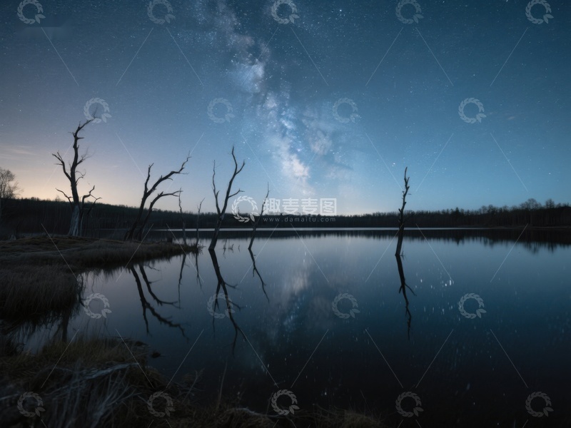 高清大图下载【趣麦麦图】夜空银河映湖面，枯树倒影静谧景