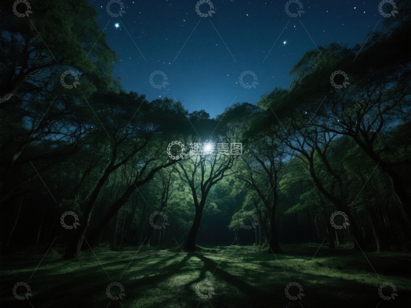 高清大图下载【趣麦麦图】夜幕下的森林，星光与月光交织
