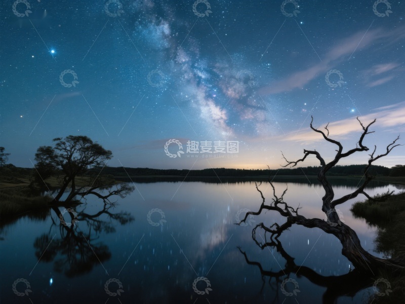 高清大图下载【趣麦麦图】银河映照湖面，枯树静谧夜景