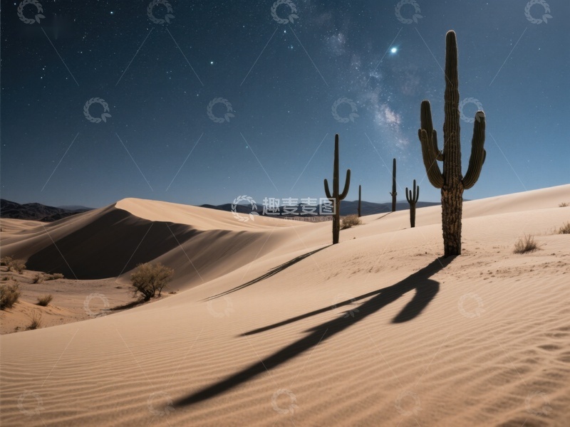 高清大图下载【趣麦麦图】夜空下的沙漠与仙人掌