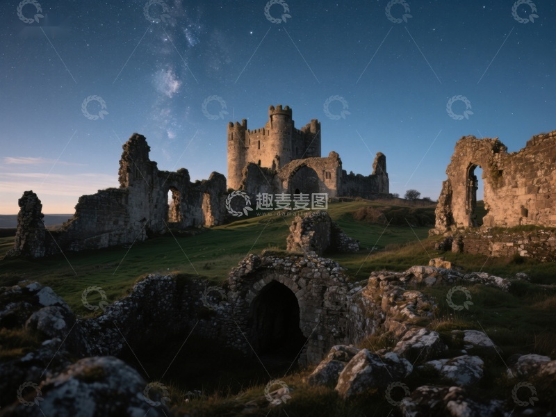 高清大图下载【趣麦麦图】夜空下的古老城堡遗迹