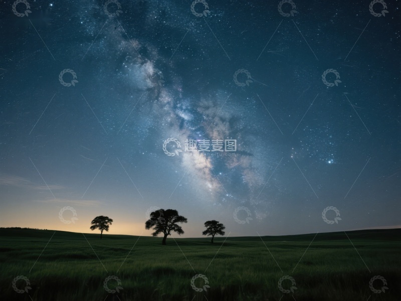 高清大图下载【趣麦麦图】夜空银河下的宁静草原