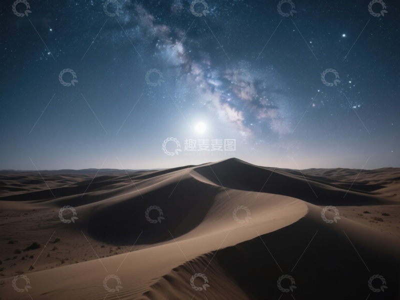 高清大图下载【趣麦麦图】沙漠夜景：星空下的沙丘