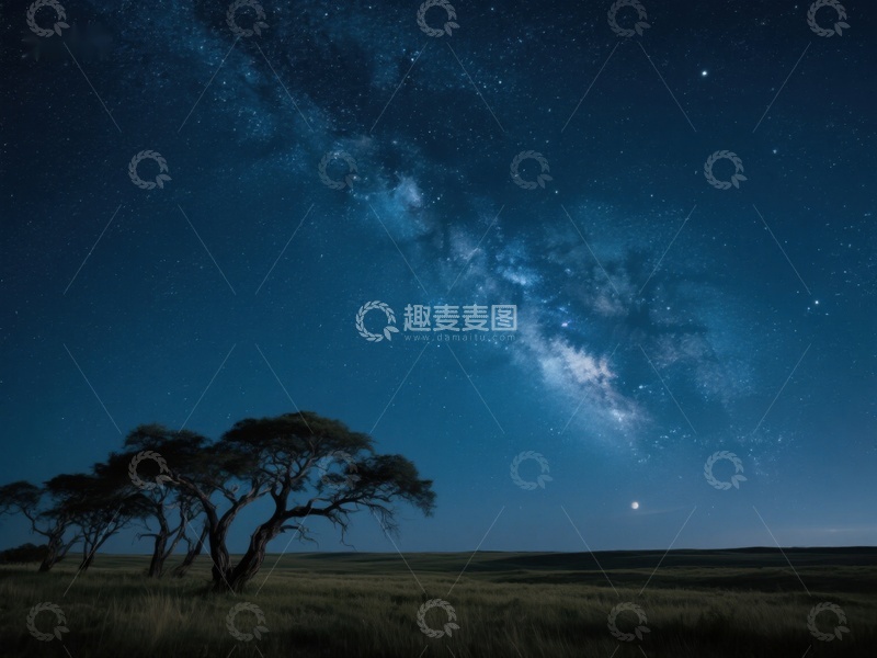 高清大图下载【趣麦麦图】星空下的草原与孤树