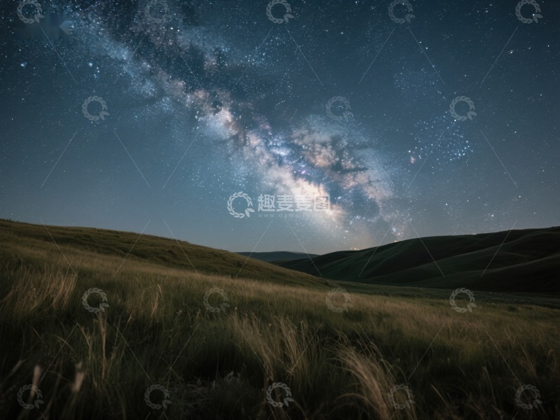 高清大图下载【趣麦麦图】银河横跨夜空，草原静谧无垠