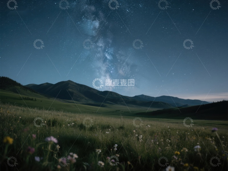 高清大图下载【趣麦麦图】夜空下的草原与银河