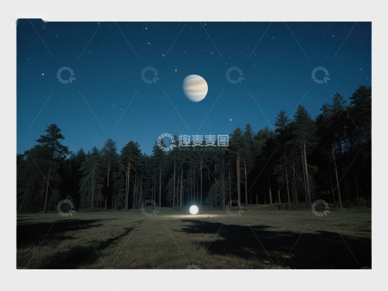 高清大图下载【趣麦麦图】夜空下的森林与巨大行星