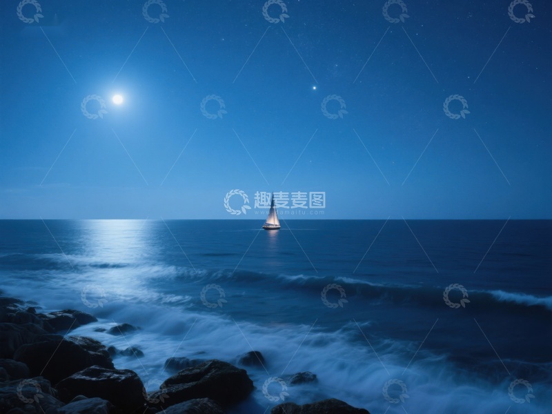 高清大图下载【趣麦麦图】月夜海上孤帆