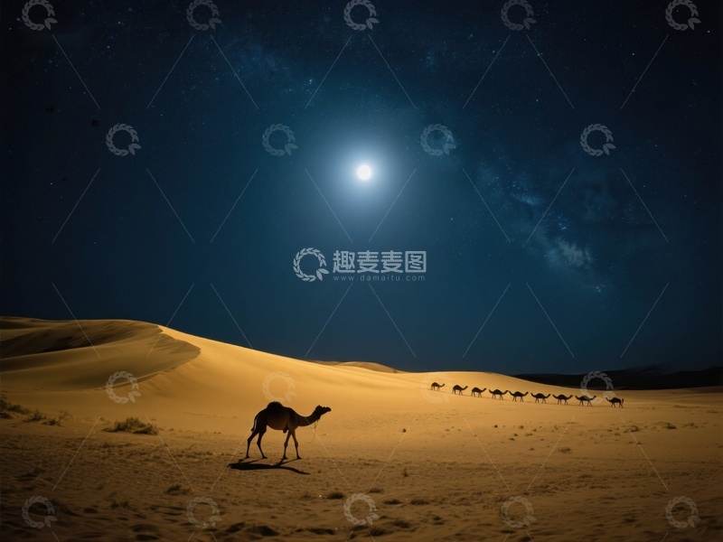 高清大图下载【趣麦麦图】月夜沙漠骆驼行