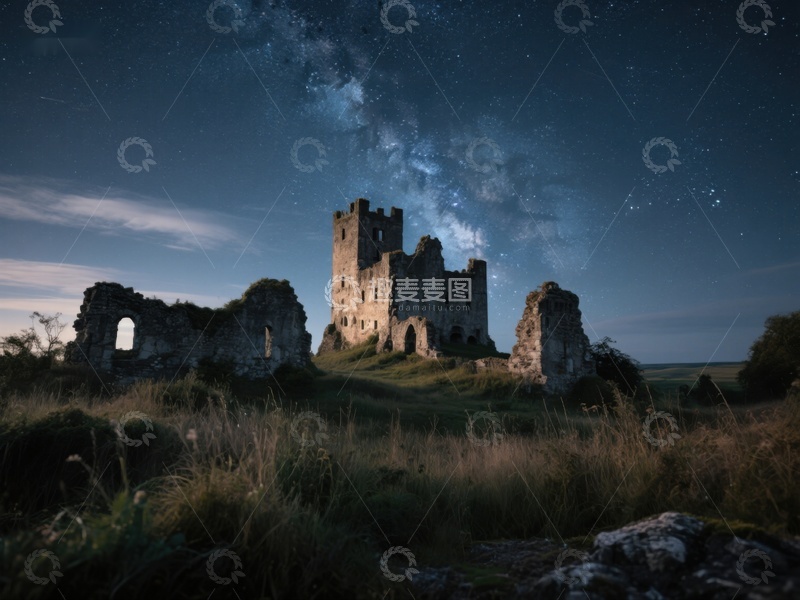 高清大图下载【趣麦麦图】夜空下的古老城堡遗迹