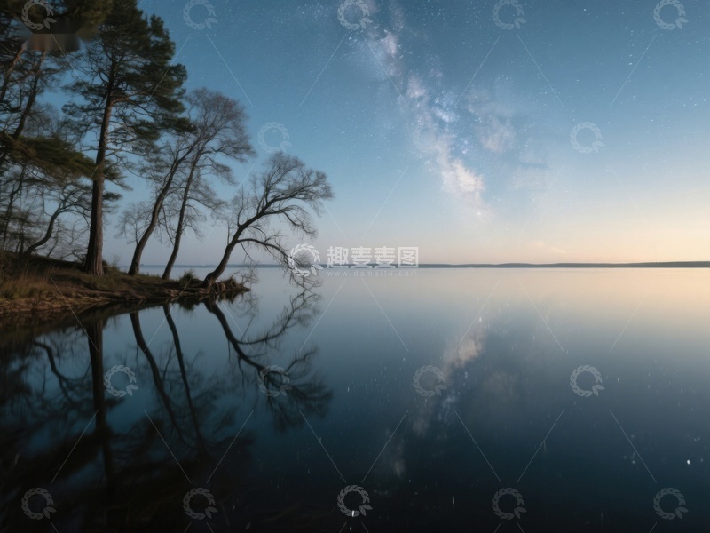 高清大图下载【趣麦麦图】湖畔夜景：星空与树影的倒映