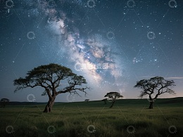 夜空下的孤树与银河