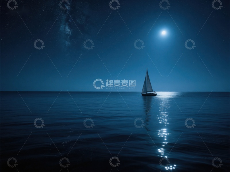 高清大图下载【趣麦麦图】月夜海上孤帆