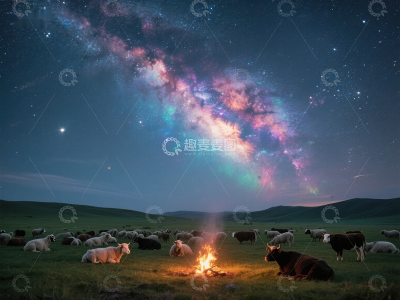 高清大图下载【趣麦麦图】星空下的草原篝火与羊群