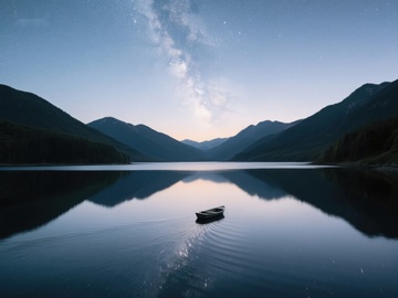 静谧湖面孤舟，夜空银河璀璨