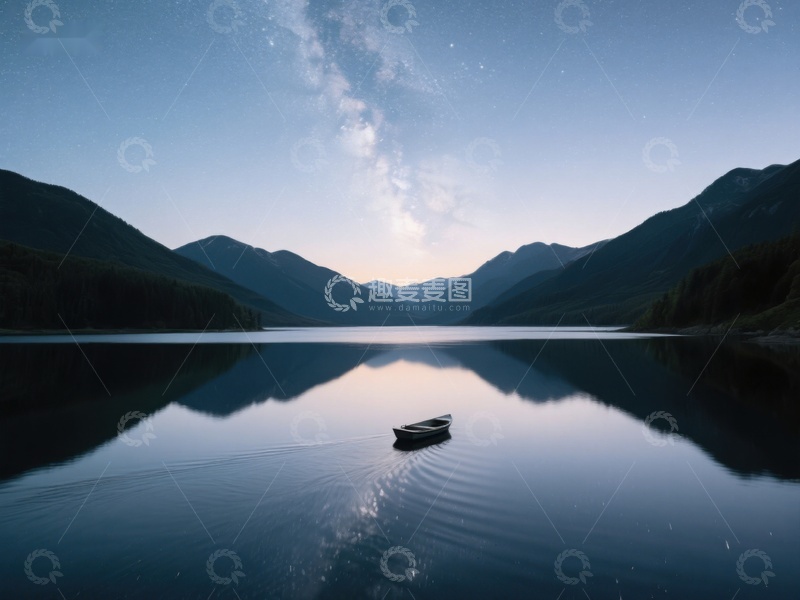 高清大图下载【趣麦麦图】静谧湖面孤舟，夜空银河璀璨