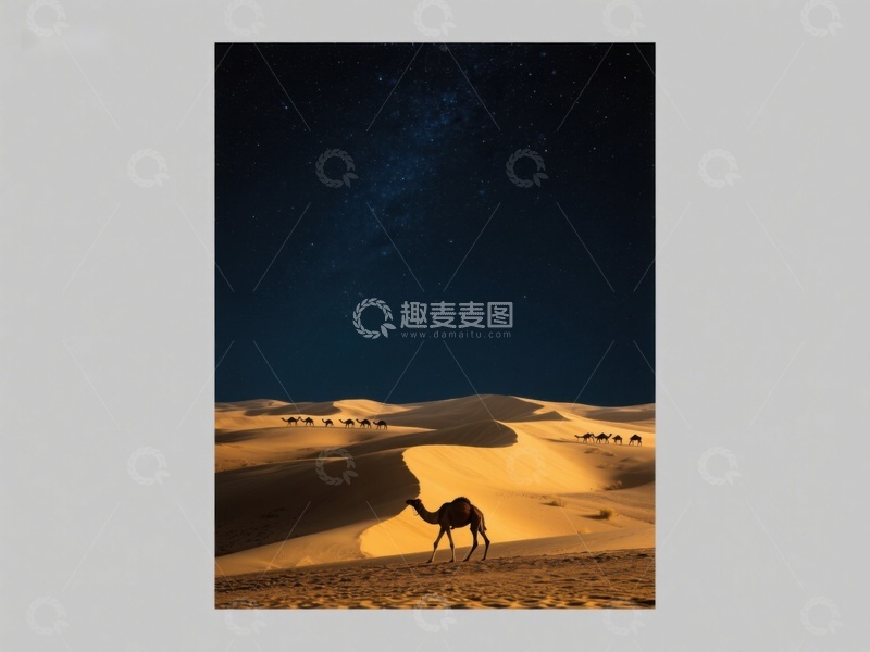 高清大图下载【趣麦麦图】沙漠夜景：骆驼与星空