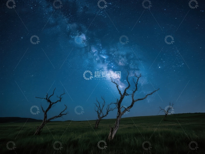 高清大图下载【趣麦麦图】夜空下的枯树与银河