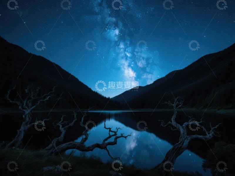 高清大图下载【趣麦麦图】夜空银河映湖面，枯树倒影添幽静