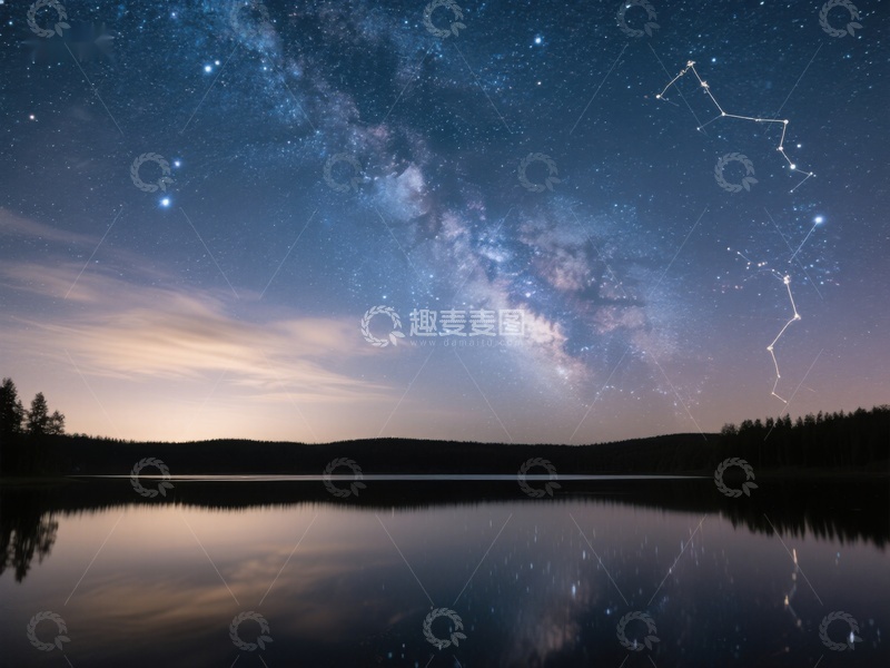 高清大图下载【趣麦麦图】银河映湖夜空星座