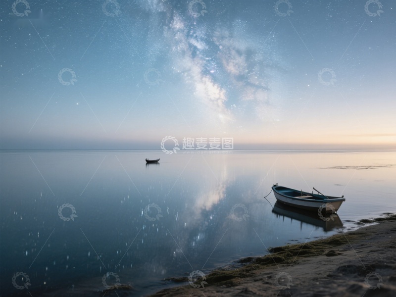 高清大图下载【趣麦麦图】星河下的静谧湖面与小舟