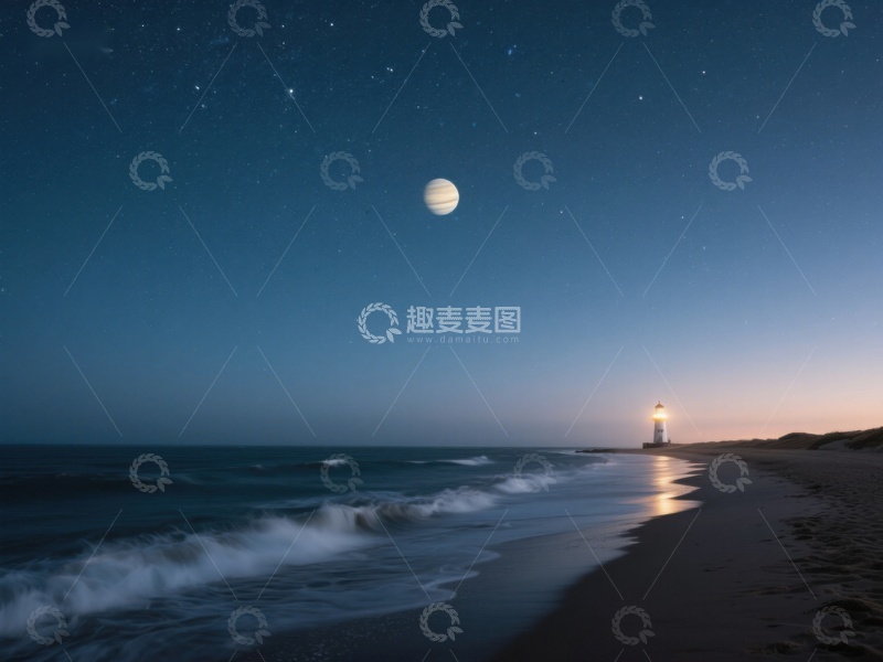 高清大图下载【趣麦麦图】月夜海滩与灯塔