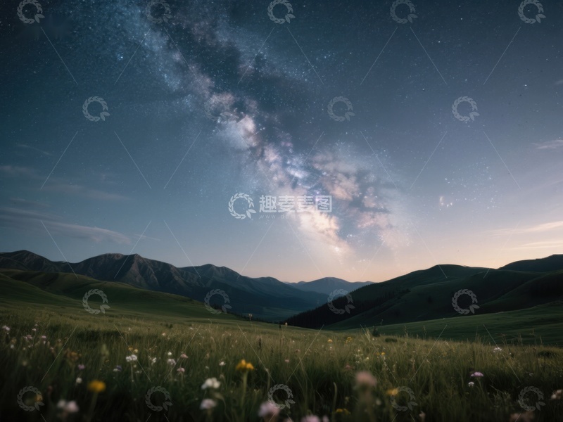 高清大图下载【趣麦麦图】银河横跨夜空，山野静谧绽放