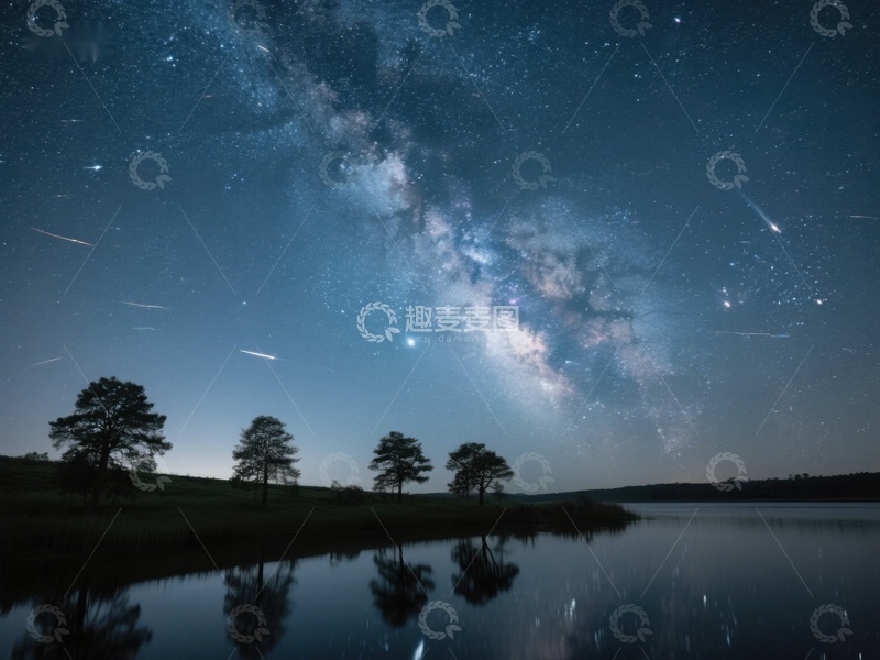 高清大图下载【趣麦麦图】银河映照湖面，夜空流星划过