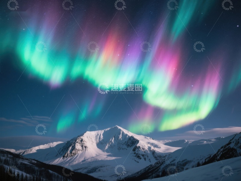 高清大图下载【趣麦麦图】极光映照雪山夜景