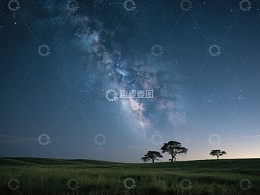 银河横跨夜空，草原孤树静立