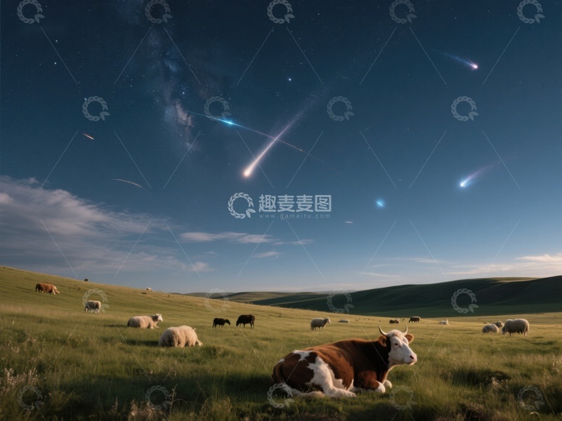 高清大图下载【趣麦麦图】夜空流星划过，牛羊静卧草原