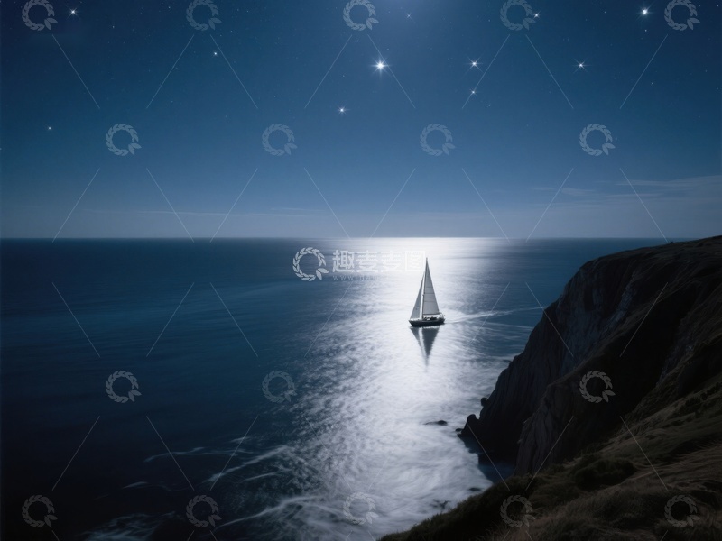 高清大图下载【趣麦麦图】-夜航帆船，星光下的海洋