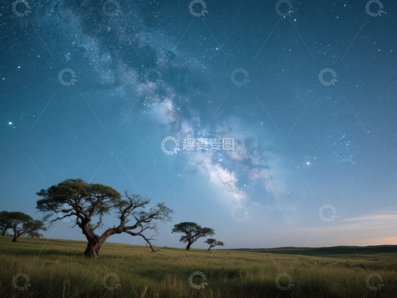 高清大图下载【趣麦麦图】星空下的孤树与草原