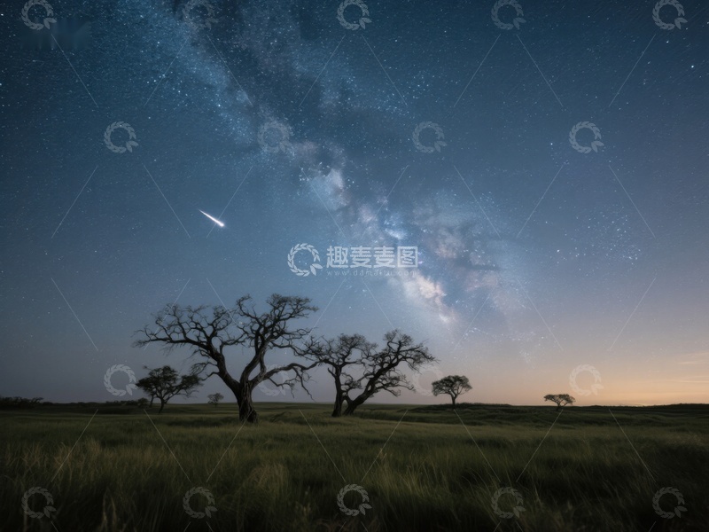 高清大图下载【趣麦麦图】夜空银河下的静谧草原