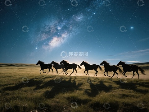 夜空下奔跑的马群