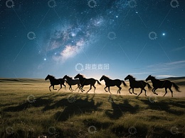 夜空下奔跑的马群