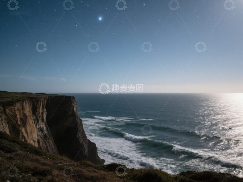高清大图下载【趣麦麦图】夜幕下的悬崖与海浪