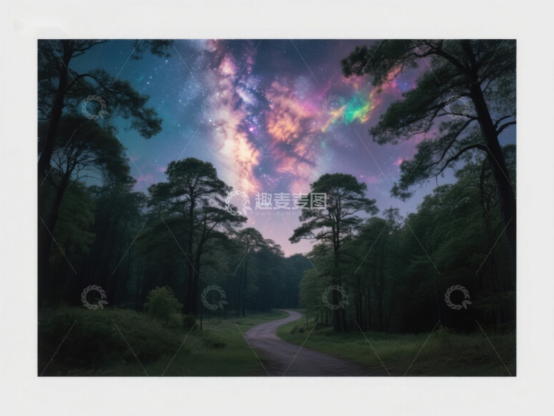 高清大图下载【趣麦麦图】夜空银河下的森林小径